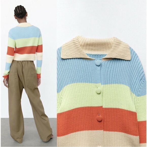 ZARA Multicolor Striped Rib Knit Cardigan sz M - Picture 2 of 6